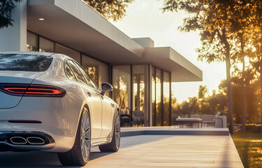 Luxury car parked outside modern house during sunset