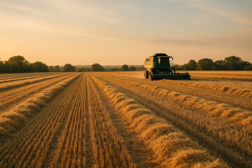 Fototapeta premium Combine harvester working in golden field at sunset