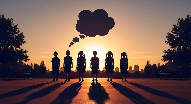 Silhouettes of children standing together at dawn, united by a collective thought bubble and a shared dream for the future.