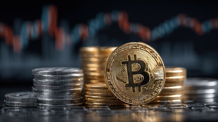 A stack of gold coins and silver coins sits in focus, with a blurred chart of red and blue lines in the background