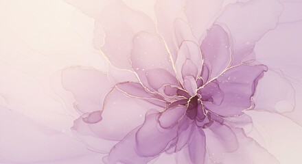 Purple and yellow alcohol ink texture with blooming floral elements. Modern abstract art painting for background wallpaper.