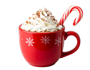  Holiday Hot Cocoa in Red Festive Mug with Candy Cane Stirrer, Front Perspective, Isolated