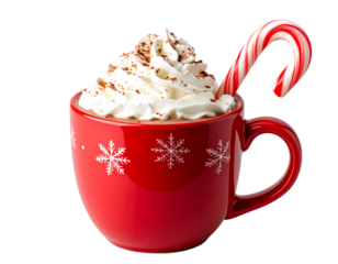  Holiday Hot Cocoa in Red Festive Mug with Candy Cane Stirrer, Front Perspective, Isolated
