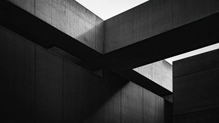 Black minimalist architectural structure with sharp edges and contrasting shadows under dim light