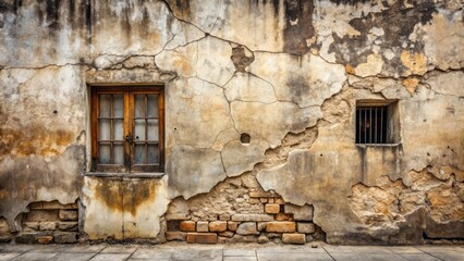 Naklejka premium A weathered wall, showing the passage of time, features a large window with aged wooden frame and a smaller barred window, revealing the aged brickwork beneath the crumbling plaster.