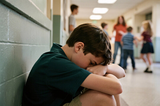 Lonely boy sitting alone in busy school hallway, surrounded by noise and movement, concept of bullying, isolation and childhood emotional struggle