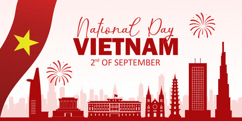 Vietnam National Day banner with iconic landmarks and the Vietnamese flag. Vector