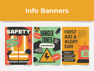 Safety posters designed to communicate first aid protocols, recognizing hazardous areas, and the importance of locating safety equipment.