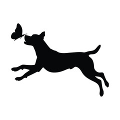 Dog Chasing Butterfly Silhouette Icon Playful Black and White Vector