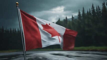 The Canadian Flag Waving Proudly in a Forest on a Rainy Day Background