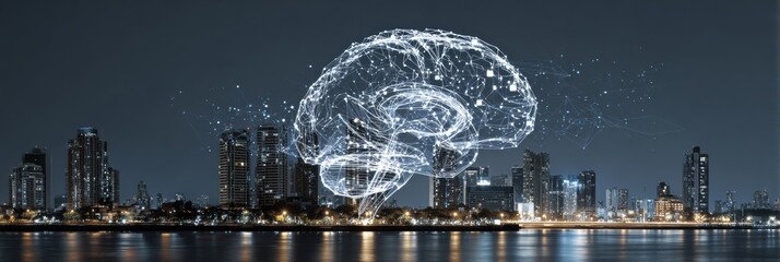 Floating Digital Brain Network Illuminates City Skyline at Night, Showcasing Futuristic Technology and Urban Life