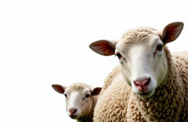Fototapeta premium Close-up of two sheep with woolly coats against a plain white background