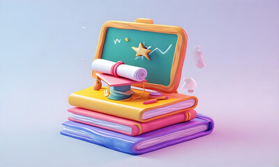 Whimsical stack of books graduation cap diploma and chalkboard