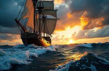 Obraz premium A sailing ship navigates through ocean waves during a vibrant sunset with dramatic clouds in the sky
