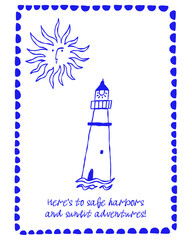 Vintage Sea Lighthouse Print. Sketch Marin Ocean Vector Illustration