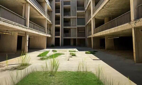 Abandoned concrete apartment complex courtyard with patchy grass