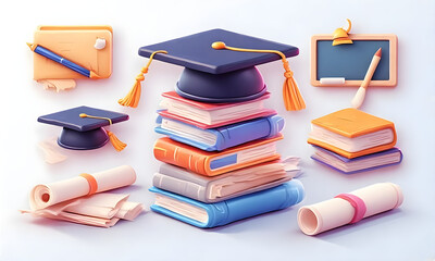 Graduation cap and books stacked with diplomas and school supplies