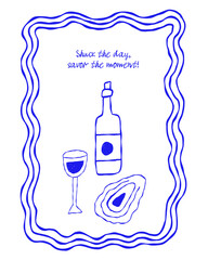 Wine Mediterranean Food Doodle Sketch Print. Wine Bottle, Glass, Oyster for Picnic Menu. Vector Vintage Illustration