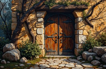 A rustic wooden gate set within a stone wall surrounded by trees and rocks