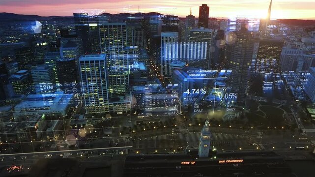 San Francisco Skyline With Holographic Information and Financial Charts. Internet of Things, Augmented Realty. Aerial View of City Business Network Futuristic Technology, Augmented Reality, AI, 5G.