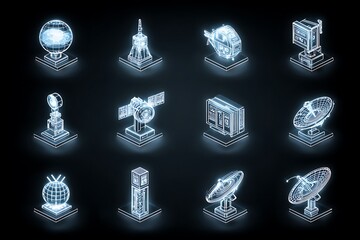Stunning collection of futuristic communication technology icons, featuring satellites, antennas, and global network elements for innovative digital projects.