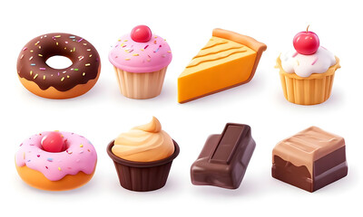 Assortment of sweet treats and desserts on a white background