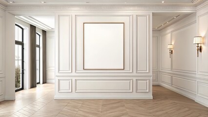 Fototapeta premium Neutral Wall Frame Scene: Minimal Decor and Soft Light for Simple Art Display