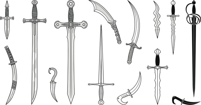 Various swords and daggers vector illustration for medieval fantasy game assets design