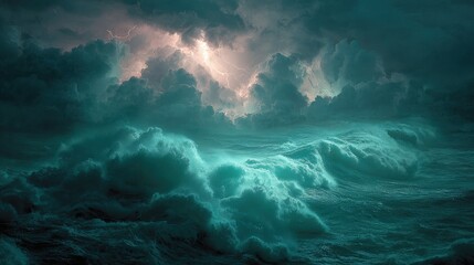 Dramatic depiction of a tempestuous ocean under a stormy sky, illuminated by lightning. Waves crash