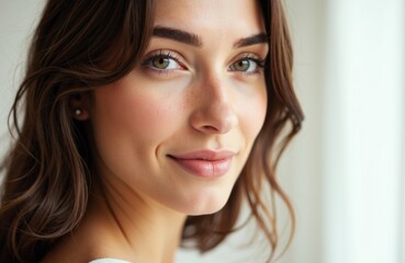 Obraz premium Woman with brown hair and clear skin smiling softly in natural light