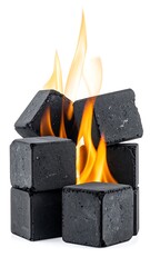 Burning charcoal cubes against white background