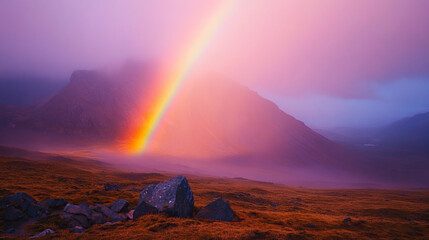 Vibrant rainbow beam over rocky misty mountains in pink sky