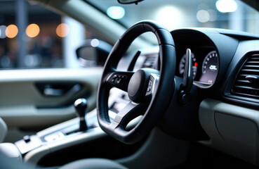 Obraz premium Woman driving car interior with steering wheel and dashboard in focus