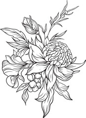 Intricate line bouquet featuring layered petals, delicate buds, and textured foliage an elegant monochrome arrangement with timeless botanical charm