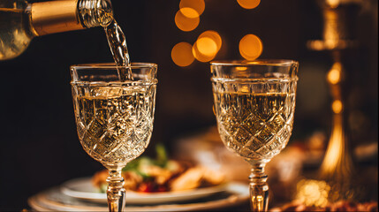 Elegant wine glasses with golden liquid captured in a sophisticated dining scene.
