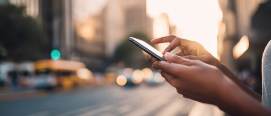 The smartphone held in hands against a busy urban backdrop at sunset.