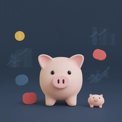 A 3D features a large and small piggy bank on a dark blue background, surrounded by subtle financial graphs and various colored abstract shapes.