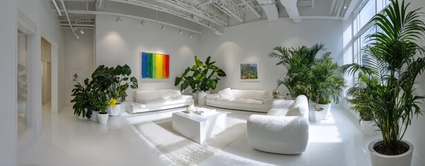 All-white modern living space with plants