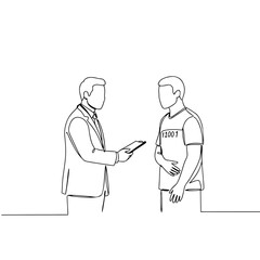 Lawyer talking to inmate while holding a tablet in a minimal setting  