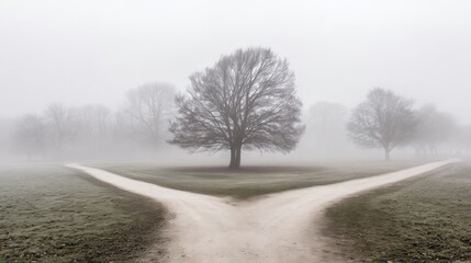 A misty path splits into two directions, symbolizing choices in a dreamlike setting.