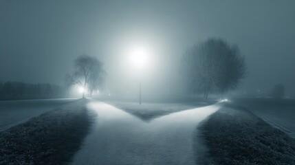 Fototapeta premium A misty path splits into two directions, symbolizing choices in a dreamlike setting.