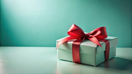 Fototapeta premium A light teal gift box adorned with a vibrant coral ribbon, elegantly presented on a smooth surface against a serene backdrop