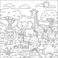 viral Cute Zoo animals Landscape Printable Coloring Page for Kids Vector Art editable design for t-shirt and multipurpose use in high definition format