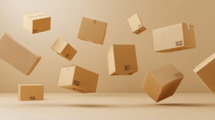 Fototapeta premium Abstract e-commerce concept with floating geometric boxes against a gradient, symbolizing online shopping simplicity.