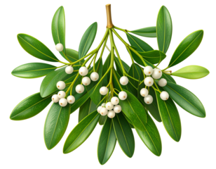  Minimalist Mistletoe Branch with Simple Green Leaves and White Berries, Clean Modern Style, Isolated