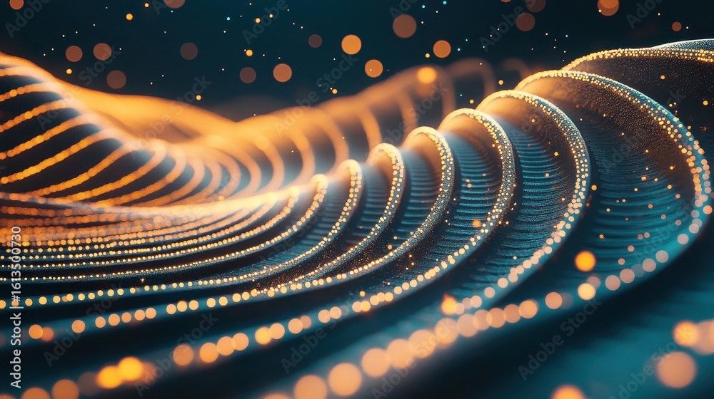 Poster Abstract glowing light particles form flowing wavy lines and curves in a dark background with soft bokeh