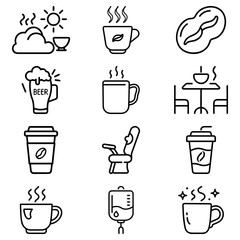 Collection of various line art icons featuring beverages, furniture, and medical equipment in black and white