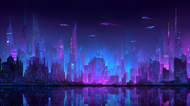 futuristic neon-lit city skyline at night with glowing purple and blue lights flying cars cinematic depth and high-tech cyberpunk atmosphere