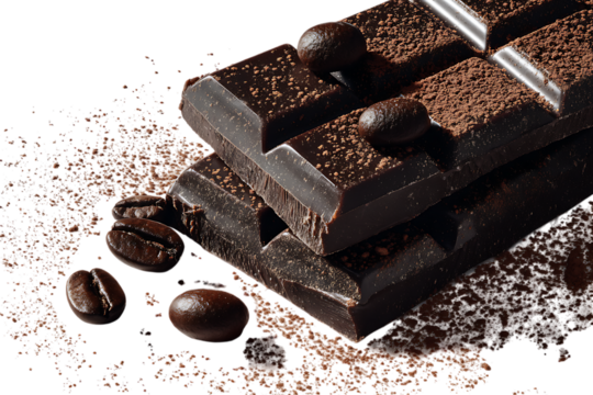 Close up of rich dark chocolate bars and coffee beans.