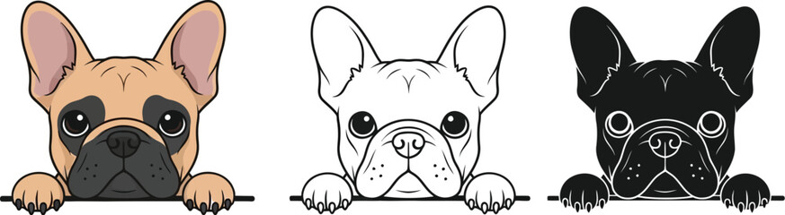 Three french bulldog puppy dogs peeking over fence cute pet animal vector illustration
